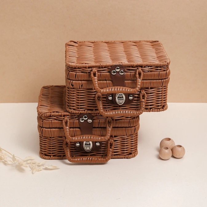 set of two small sized faux rattan plastic suitcase baskets. One has been placed on top of another for decorative show.