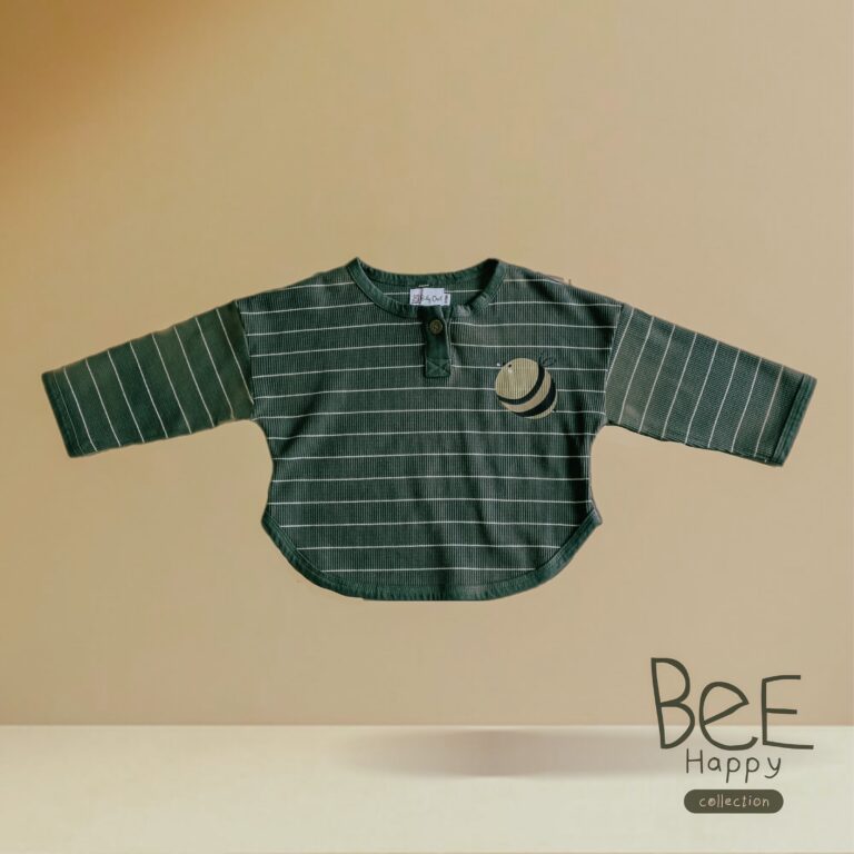 dark green waffle cotton top with white lines and bee icon printed on right hand side