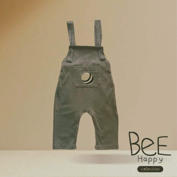 khaki green cotton dungarees with front pocket. front pocket has a bee image printed on it.