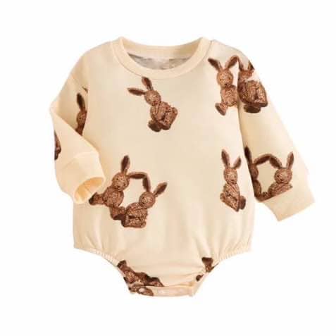 Beige cotton baby romper with brown bunny rabbit pattern on white background