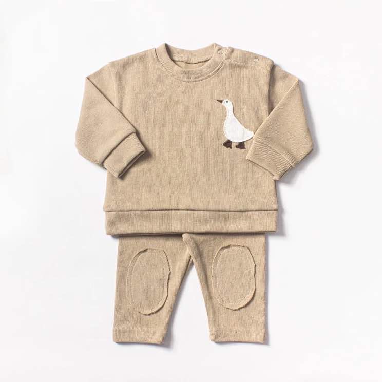 two piece toddler clothing set in beige colour, knit cotton, duck embroidery detail on top