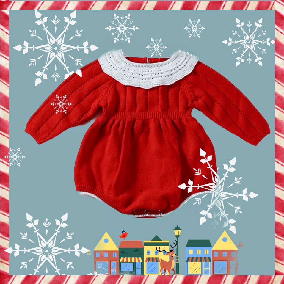 Festive image showing baby girl red knitted Christmas romper on a background of snowflakes and candy cane border. the romper is red with a white frilly collar and white trim at the leg openings and cuffs of the sleeves. there is a small Christmas village icon at the bottom of the square.