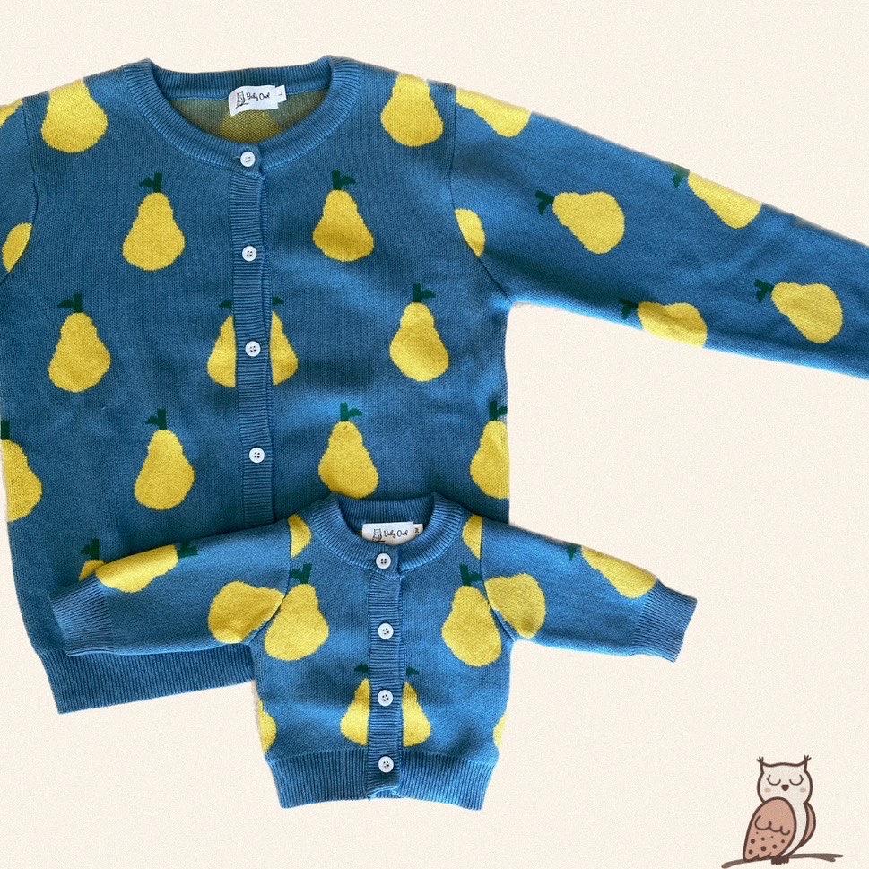 MATCHING MOMMY AND ME CARDIGANS IN BLUE WITH YELLOW PEAR PRINT. BUTTON FRONT LONG SLEEVED JACKETS.