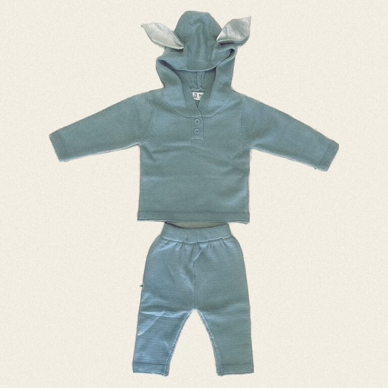 knitted jacquard baby clothing set is displayed on a beige background. The set contains a top with hood and bunny ears on the hood, and a pair of pants. the top is laid above the pants and the ears are laid out flat. The colour of the set is mint or sage mint and the ears are white inside.