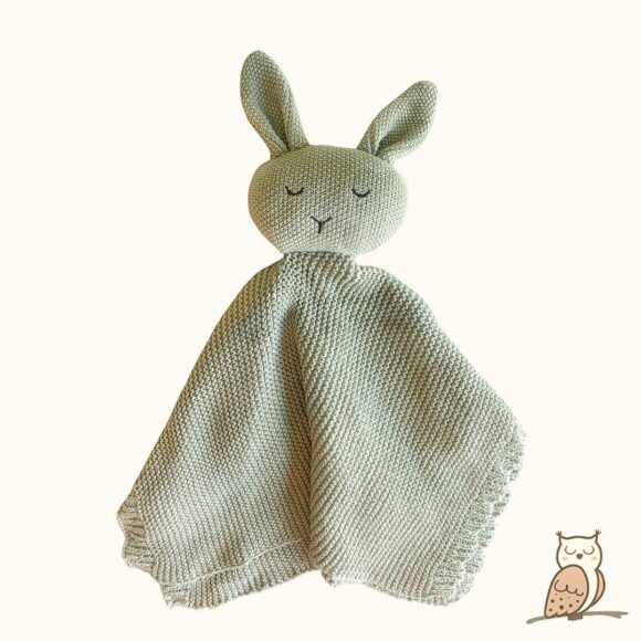 Knitted bunny woodland theme sage green baby comforter. crochet soothing plush for babies.