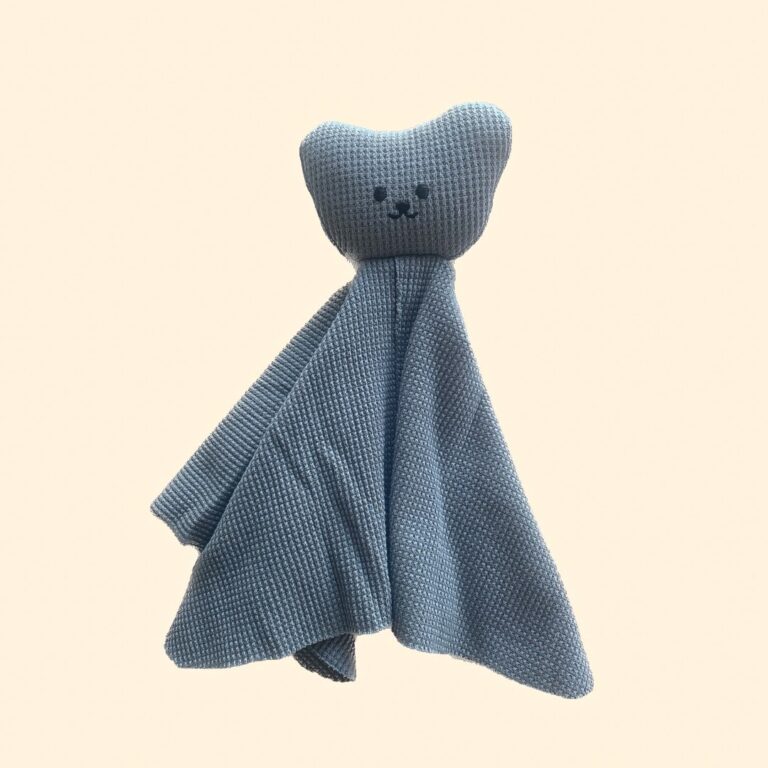dusty blue waffle texture cotton bear comforter for baby and toddler. gender neutral soothing teddy for babies.