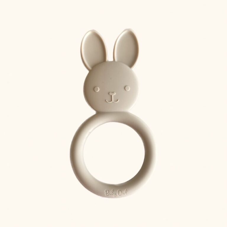 Silicone toys for teething. bunny rabbit shape in beige and sage.