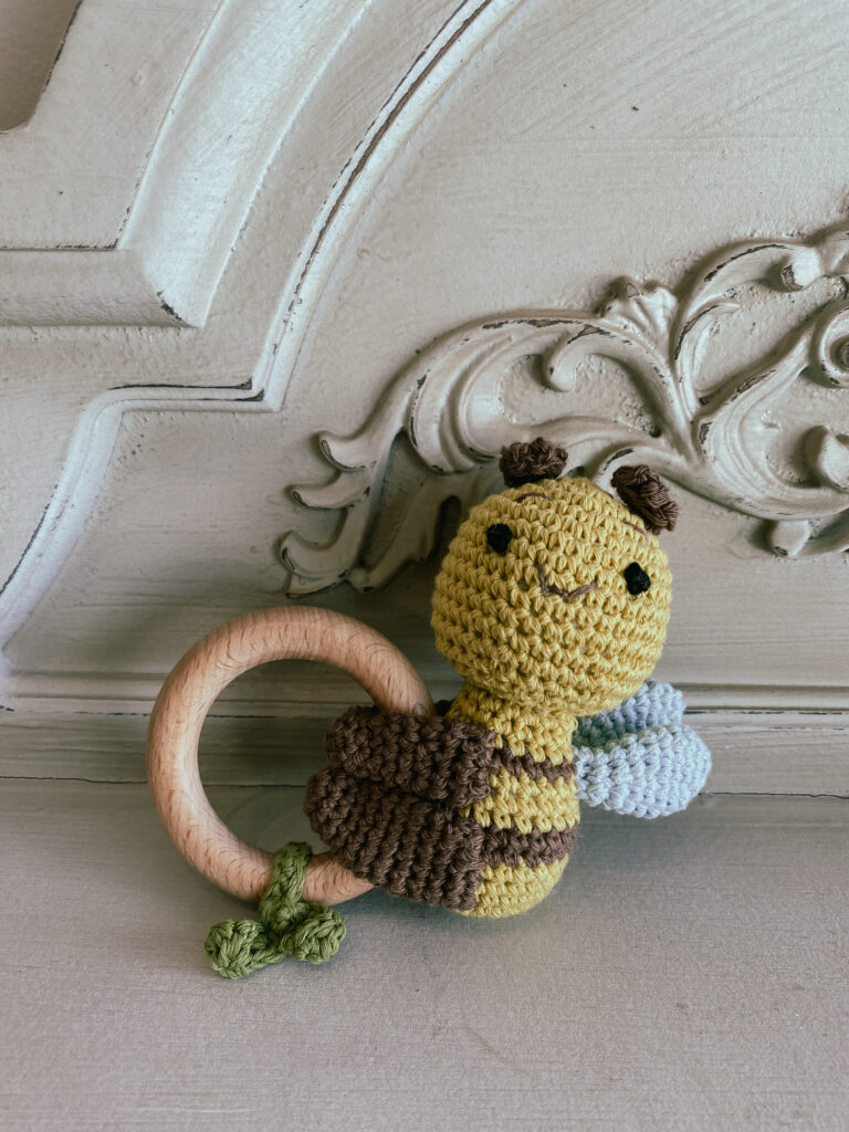 crochet knitted baby rattle bee