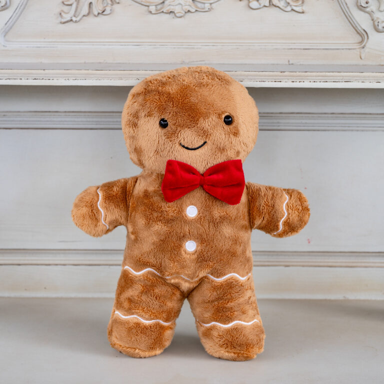 Λούτρινο μπισκοτουλης gingerbread man Christmas decoration and teddy bear in ginger colour with red bowtie and happy face.